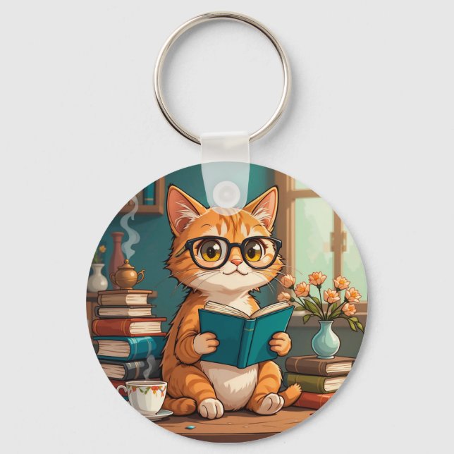 Adorable Cat Wearing Glasses Reading a Book Keychain (Front)