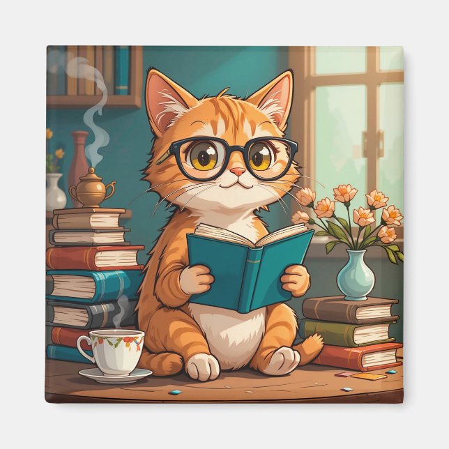 Adorable Cat Wearing Glasses Reading a Book Magnet (Front)