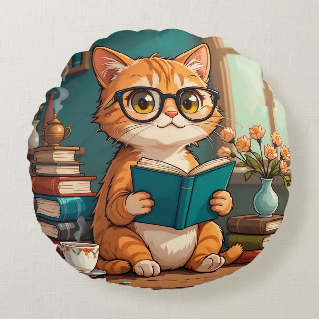 Adorable Cat Wearing Glasses Reading a Book Round Pillow (Front)