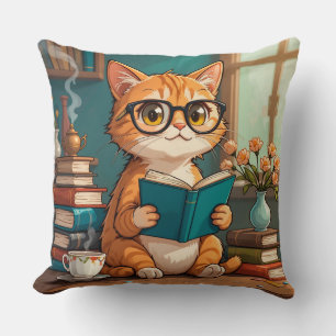Adorable Cat Wearing Glasses Reading a Book Throw Pillow