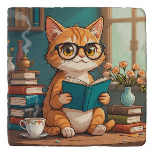 Adorable Cat Wearing Glasses Reading a Book Trivet