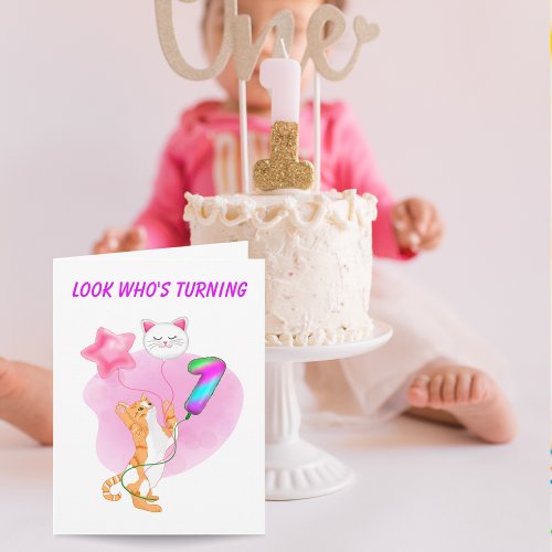 Adorable Cat With 1st Birthday Balloons  Card