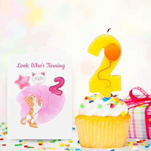 Adorable Cat With 2rd Birthday Balloons Card