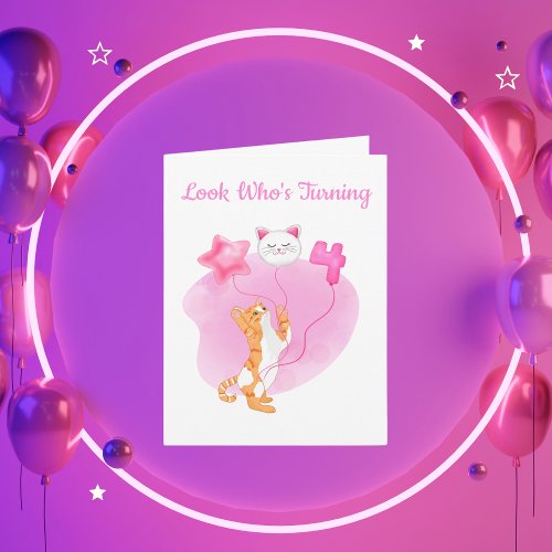 Adorable Cat With 4th Birthday Balloons Card