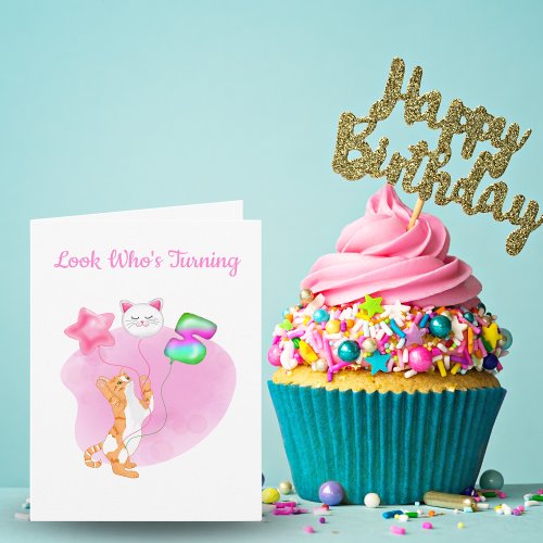 Adorable Cat With 5th Birthday Balloons Card