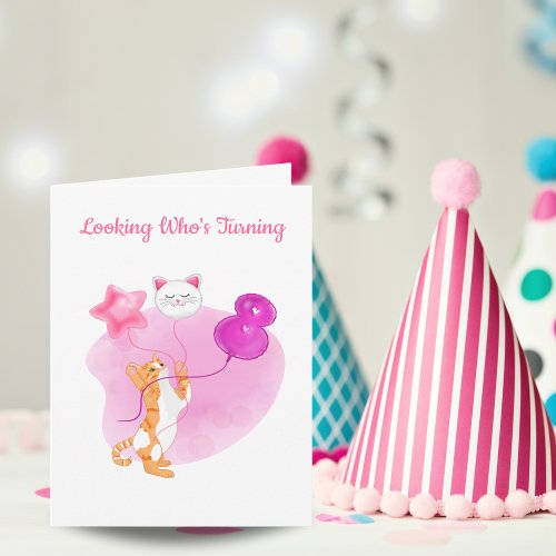 Adorable Cat With 8th Birthday Balloons Card