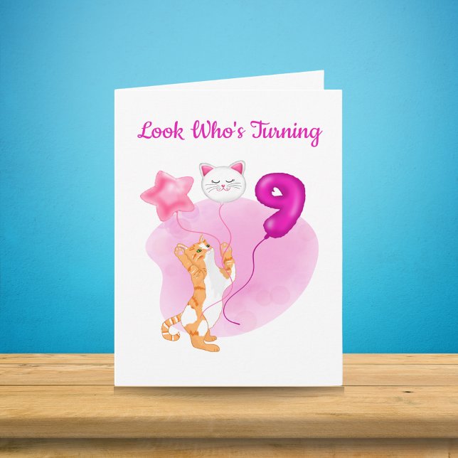 Adorable Cat With 9th Birthday Balloons Card (Creator Uploaded)