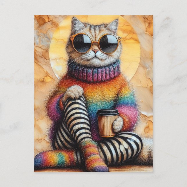 Adorable Cat With Coffee Postcard (Front)