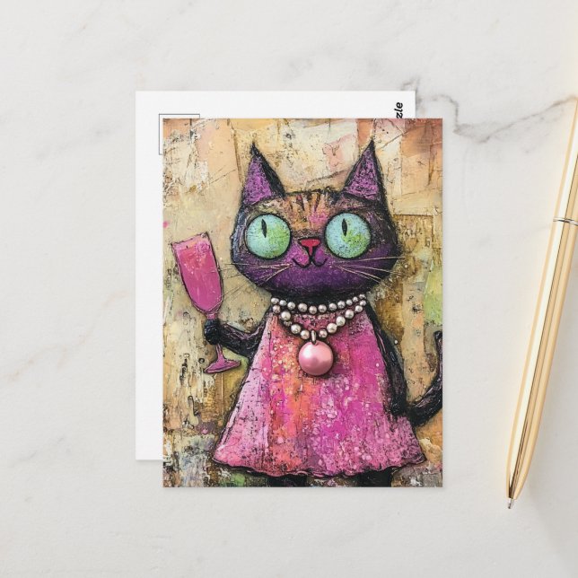 Adorable Cat With Drink In Hand Postcard (Front/Back In Situ)