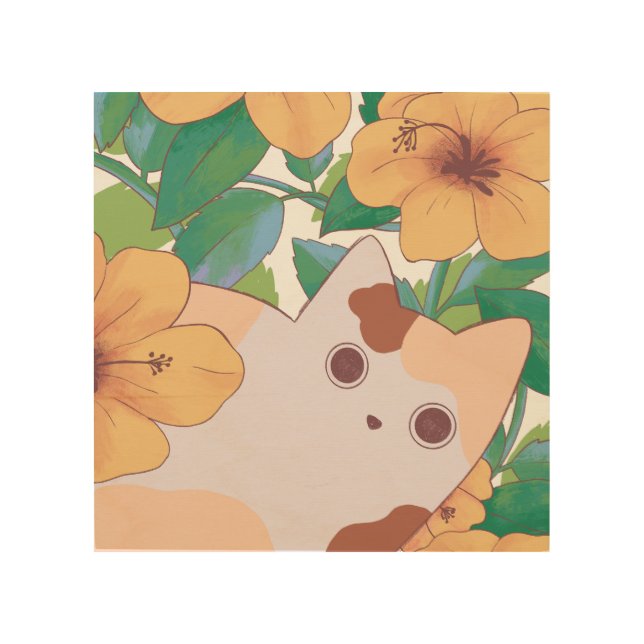 Adorable Cat with Flowers Wood Wall Art (Front)