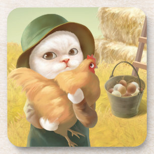 Adorable Cat with Hen on Farm Beverage Coaster