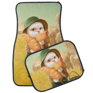 Adorable Cat with Hen on Farm Car Floor Mat