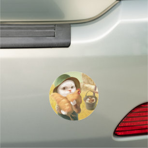 Adorable Cat with Hen on Farm Car Magnet