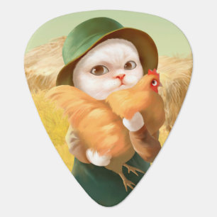 Adorable Cat with Hen on Farm Guitar Pick