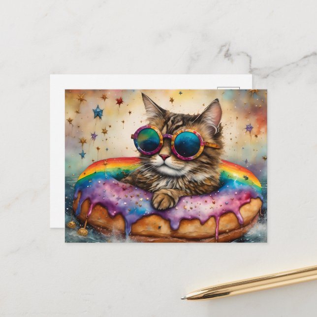 Adorable Cat With on Donut Floatation Device Postcard (Front/Back In Situ)