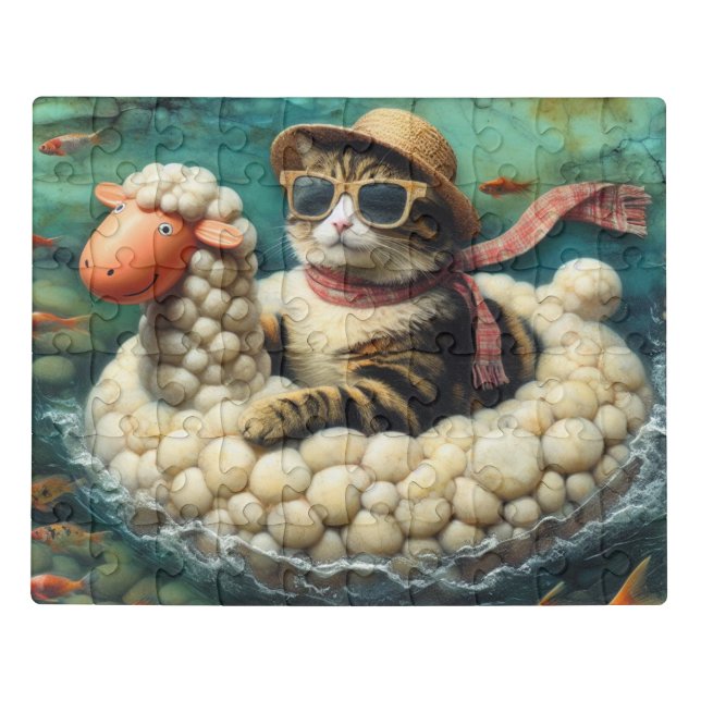 Adorable Cat With on Sheep Floatie Jigsaw Puzzle (Puzzle Horizontal)