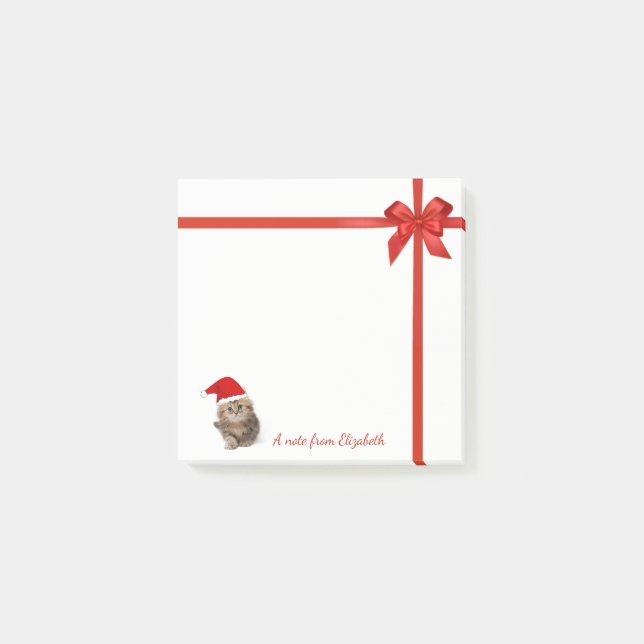 Adorable Cat With Santa Hat,Red Bow-Personalized Post-it Notes (Front)
