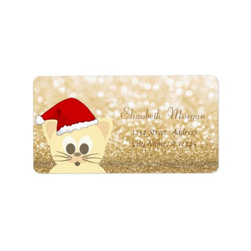 Adorable Cat With SantaHat Glittery Bokeh Label