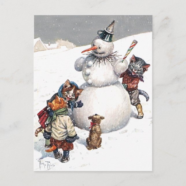 Adorable Cats Building a Snowman Holiday Postcard (Front)