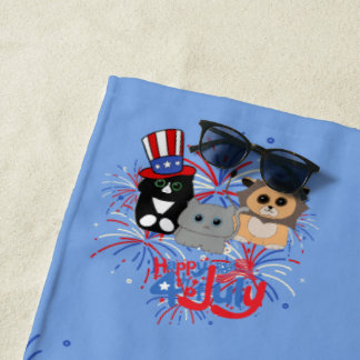 Adorable Cats Happy 4th of July  Beach Towel