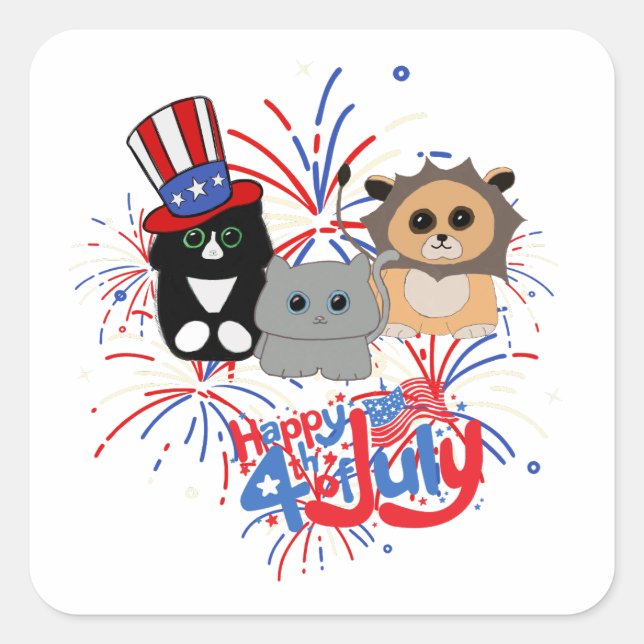 Adorable Cats Happy 4th of July  Square Sticker (Front)