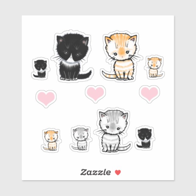 Adorable Cats Kittens Tuxedo, Orange Tabby, Grey Sticker (Sheet)