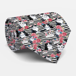 Adorable Cats Pink Roses and Black Stripes Neck Tie