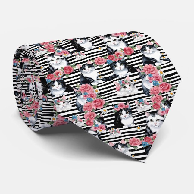 Adorable Cats Pink Roses and Black Stripes Neck Tie (Rolled)
