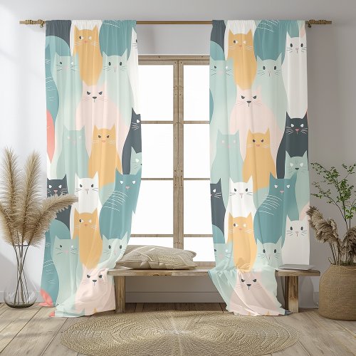 Adorable Cats Playing Neutral Pastel Pattern Sheer Curtains