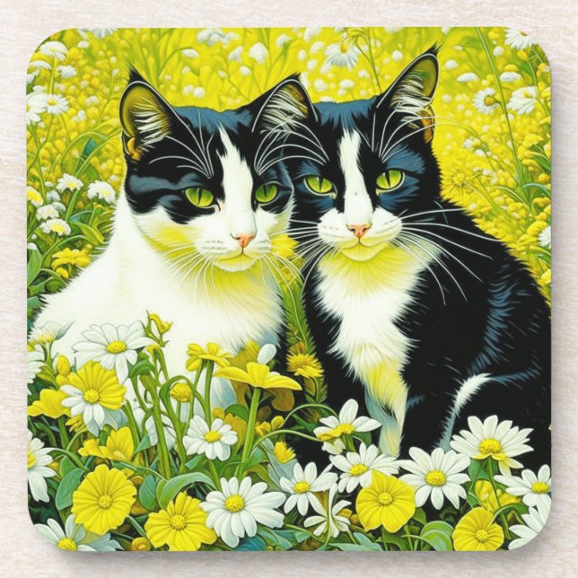 Adorable Cats sitting in a field of Daisies  Beverage Coaster (Front)