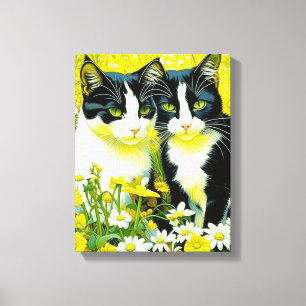 Adorable Cats sitting in a field of Daisies Canvas Print