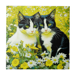 Adorable Cats sitting in a field of Daisies Ceramic Tile