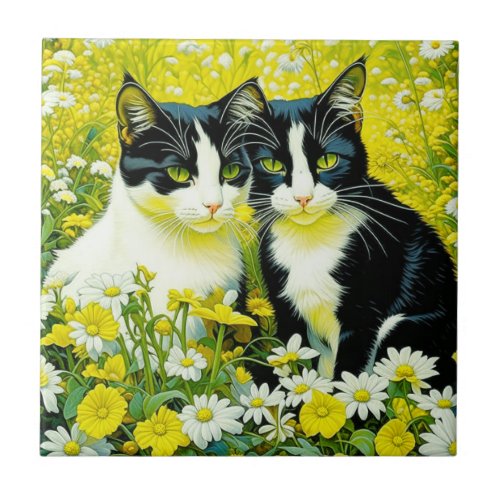 Adorable Cats sitting in a field of Daisies  Ceramic Tile