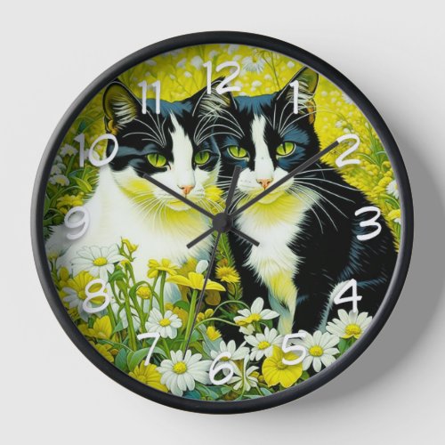 Adorable Cats sitting in a field of Daisies  Clock