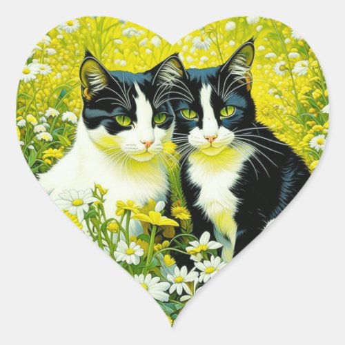 Adorable Cats sitting in a field of Daisies  Heart Sticker