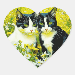 Adorable Cats sitting in a field of Daisies Heart Sticker
