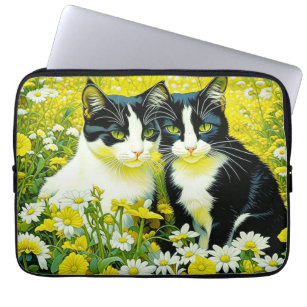 Adorable Cats sitting in a field of Daisies  Laptop Sleeve