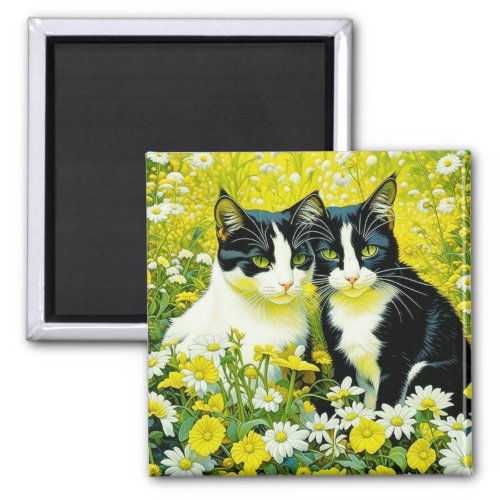 Adorable Cats sitting in a field of Daisies  Magnet