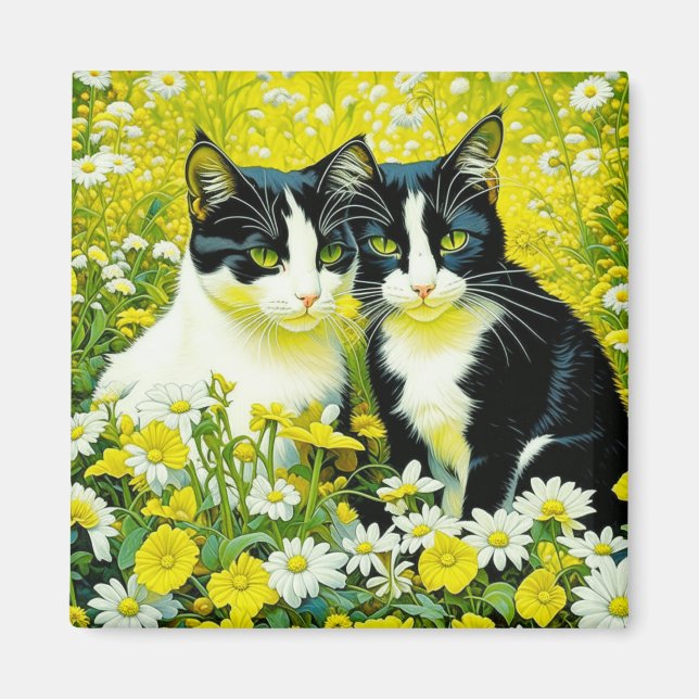 Adorable Cats sitting in a field of Daisies  Magnet (Front)