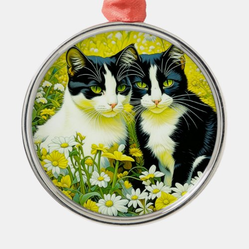 Adorable Cats sitting in a field of Daisies  Metal Ornament