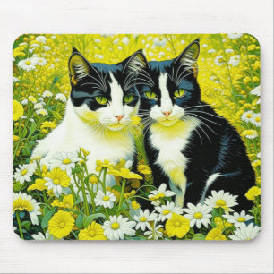 Adorable Cats sitting in a field of Daisies Mouse Pad