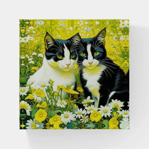 Adorable Cats sitting in a field of Daisies  Paperweight