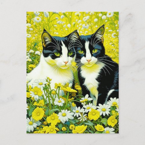 Adorable Cats sitting in a field of Daisies  Postcard