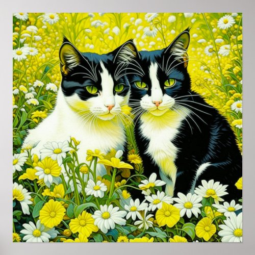 Adorable Cats sitting in a field of Daisies  Poster