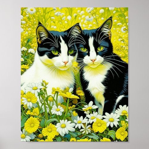 Adorable Cats sitting in a field of Daisies  Poster
