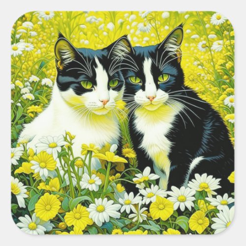 Adorable Cats sitting in a field of Daisies  Square Sticker