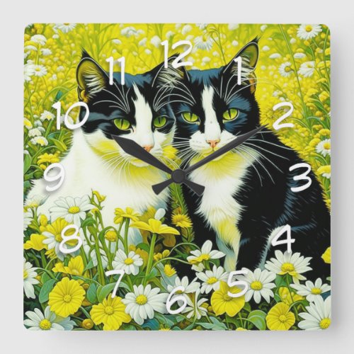 Adorable Cats sitting in a field of Daisies  Square Wall Clock