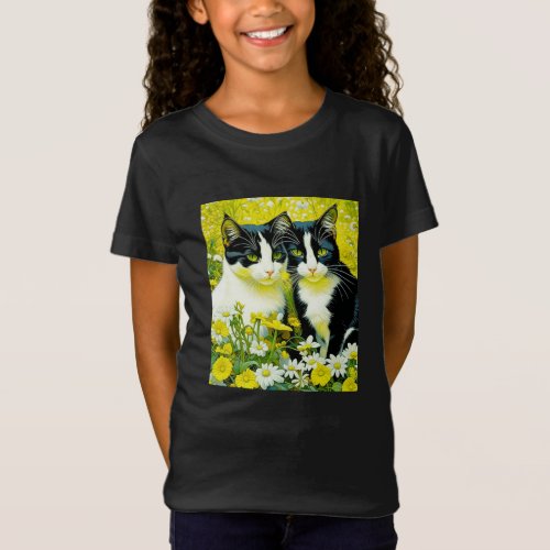 Adorable Cats sitting in a field of Daisies  T_Shirt