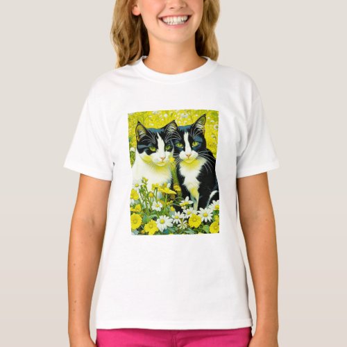 Adorable Cats sitting in a field of Daisies  T_Shirt