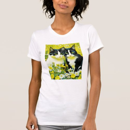 Adorable Cats sitting in a field of Daisies  T_Shirt